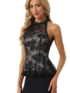 Allegra K Black Peplum Ruffled Lace Shear Sleeveless Cocktail Halter Top Size XS